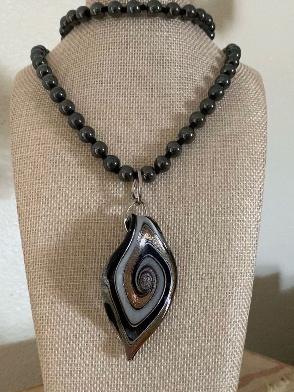 Black Swirl Glass Pendant Necklace on Black Hermatite Beads